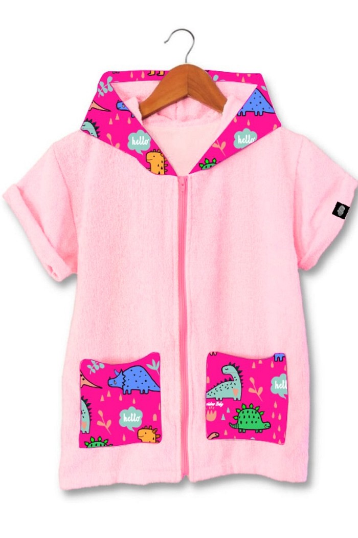 Roupão Infantil Com Capuz e Zíper 100% Algodão Super Secagem Proteção UV50+ Rosa Dinossauros