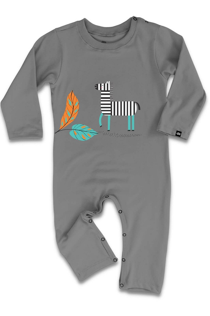 Macacão Bebê Longo Manga Longa Algodão Sustentável Confortável Cinza Chumbo Zebra