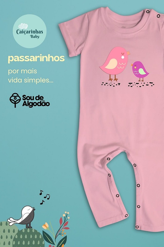 Macacão Bebê Longo Manga Curta Algodão Sustentável Rosa Passarinhos