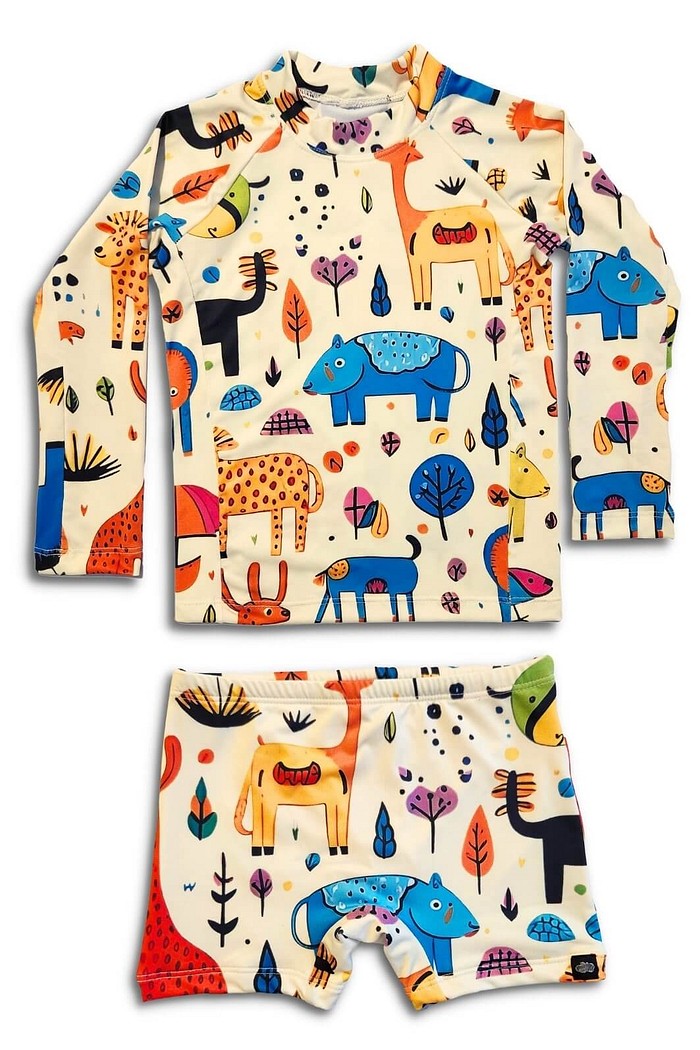 Camisa Proteção Uv 50+ Infantil + Sunga Off White Animais Abstratos
