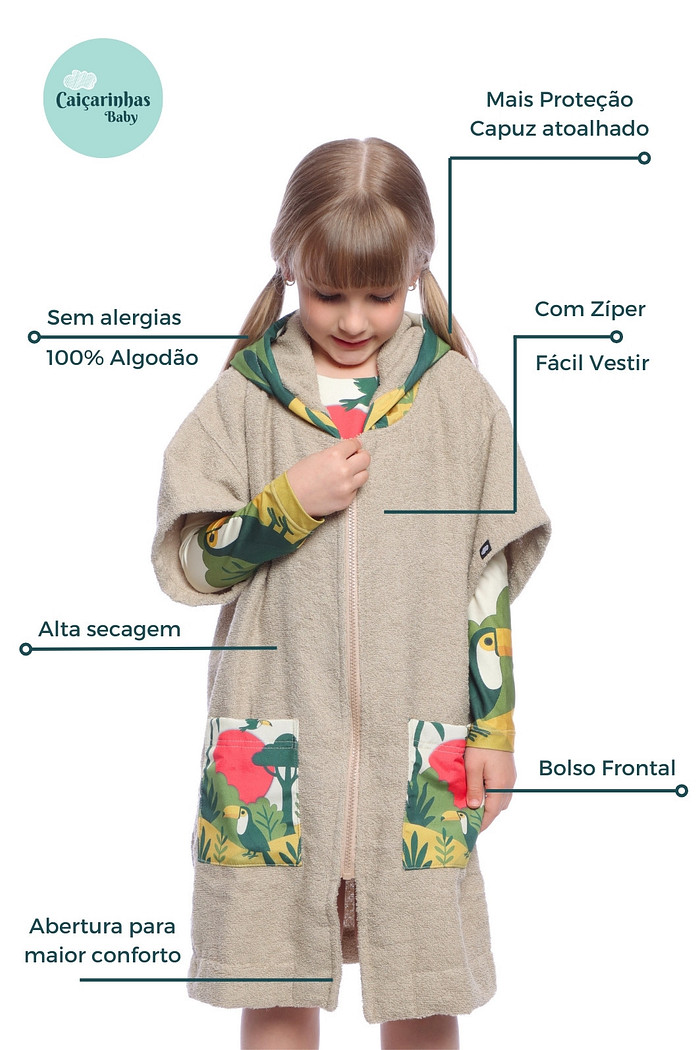 Roupão Infantil Com Capuz 100% Algodão Atoalhado Super Secagem Proteção UV50+ Areia Selva