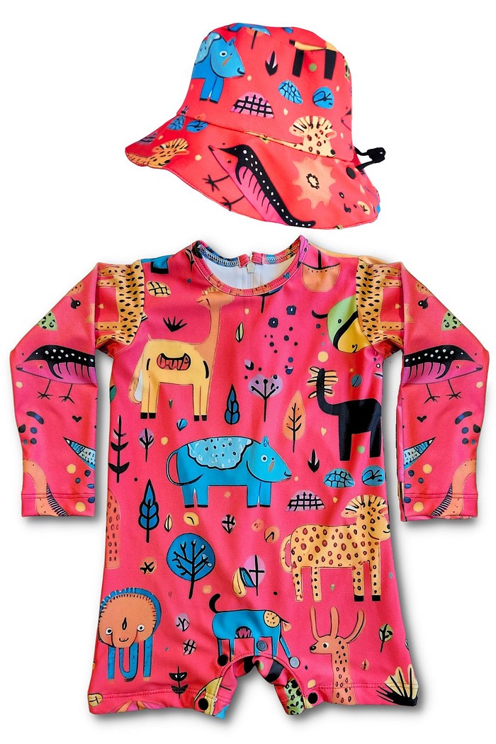 Kit Macacão Uv 50+ Animais rosa + chapéu dupla face