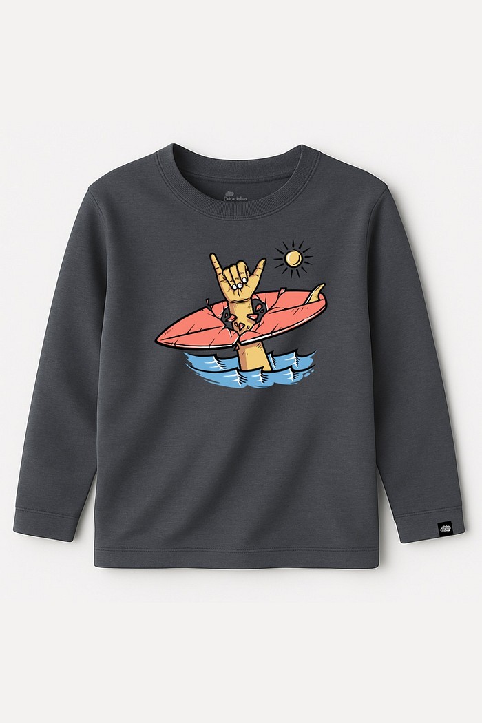 Camiseta Infantil Manga Longa Algodão Toque Macio Cinza Surf Yeah