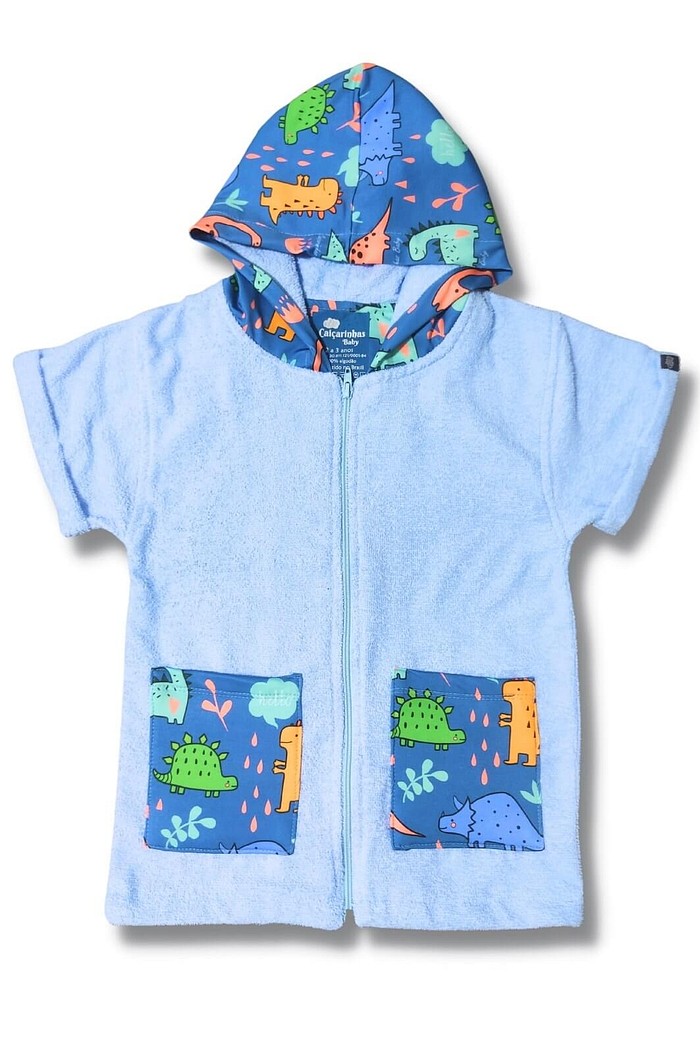Roupão Infantil Com Capuz e Zíper 100% Algodão Super Secagem Proteção UV50+ Azul Dinossauros