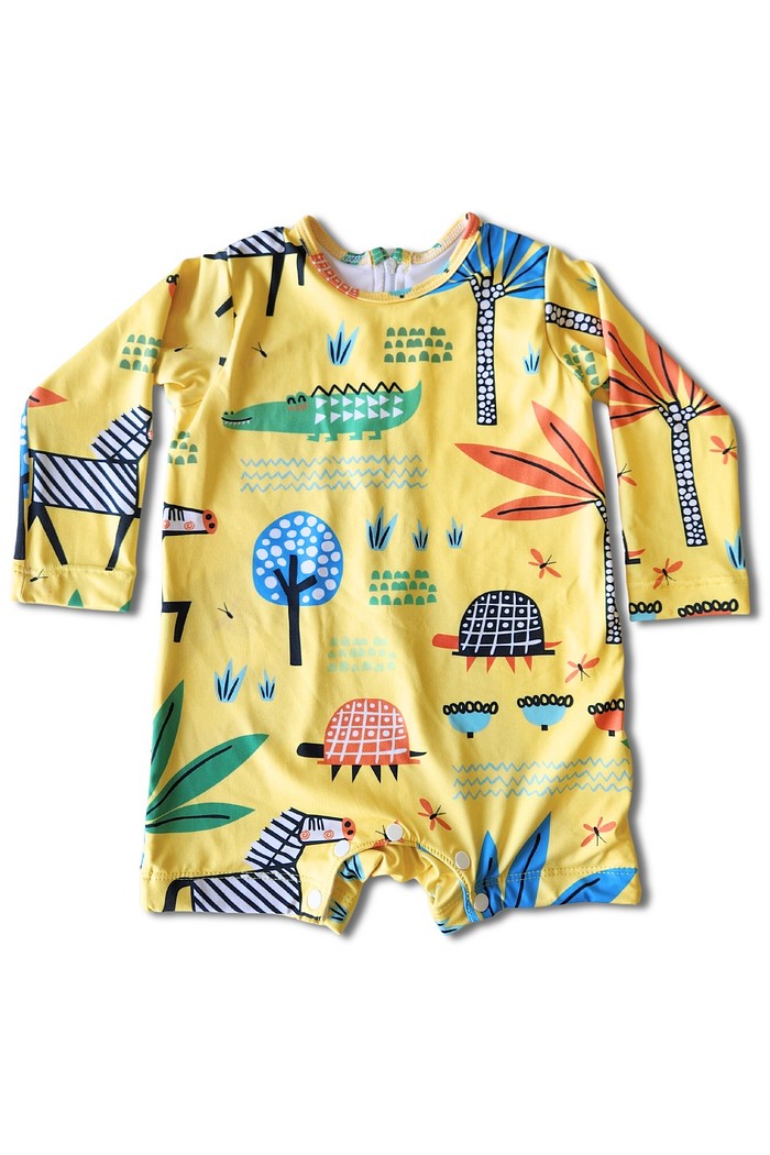 Macacão Praia Bebê Proteção Solar UV 50+ Manga Longa Amarelo Safari
