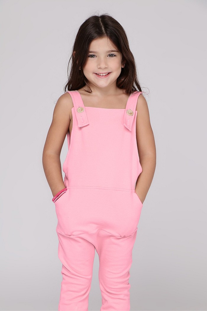 Jardineira Infantil Longa com Alça e Cintura Ajustável Rosa Claro em Moletinho