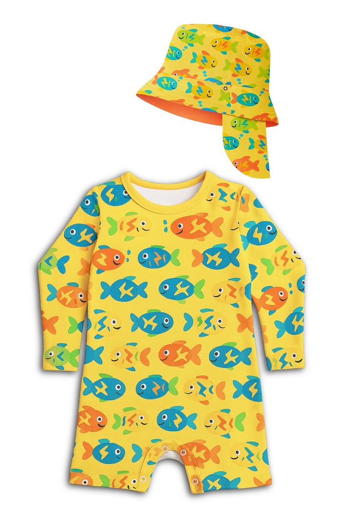Kit Peixinhos Unissex Macacão e Chapéu com proteção solar UV50+