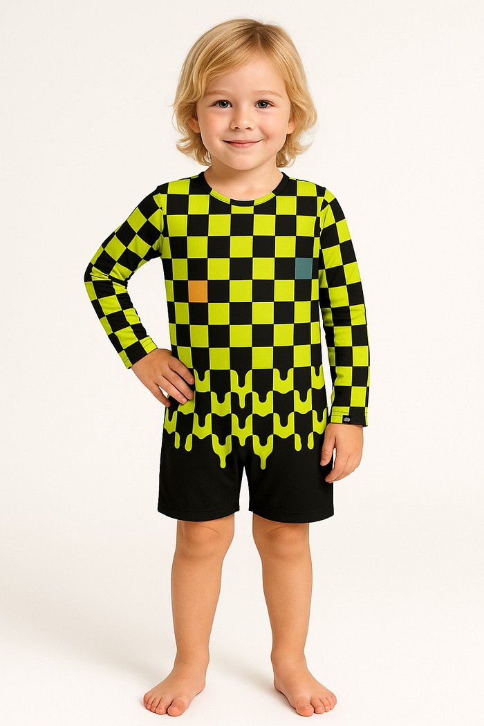 Macacão Praia Bebê Proteção Solar UV 50+ Manga Longa Preto e Verde Quadriculados