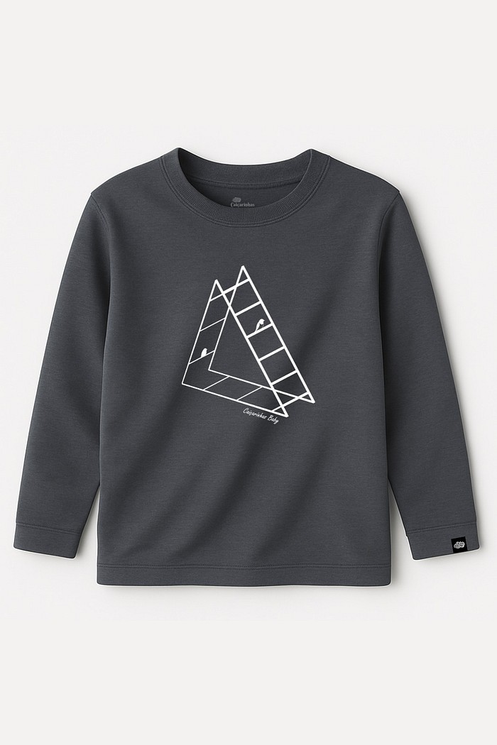 Camiseta Infantil Manga Longa Algodão Toque Macio Cinza Chumbo Escada Minimalista