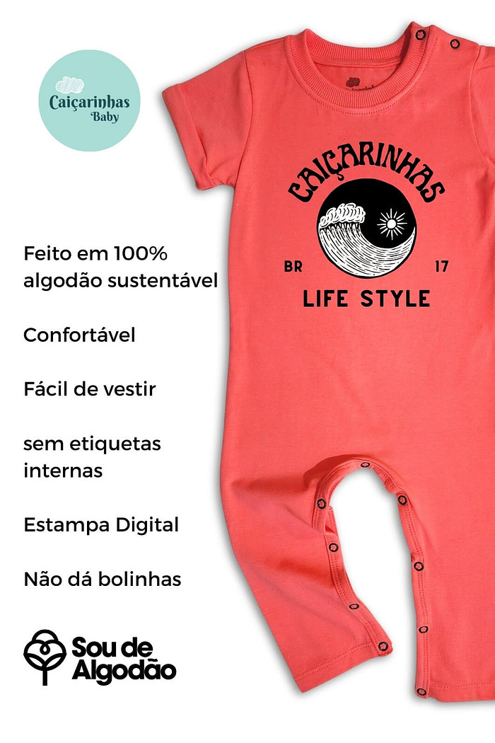 Macacão Bebê Longo Manga Curta Laranja Life Style