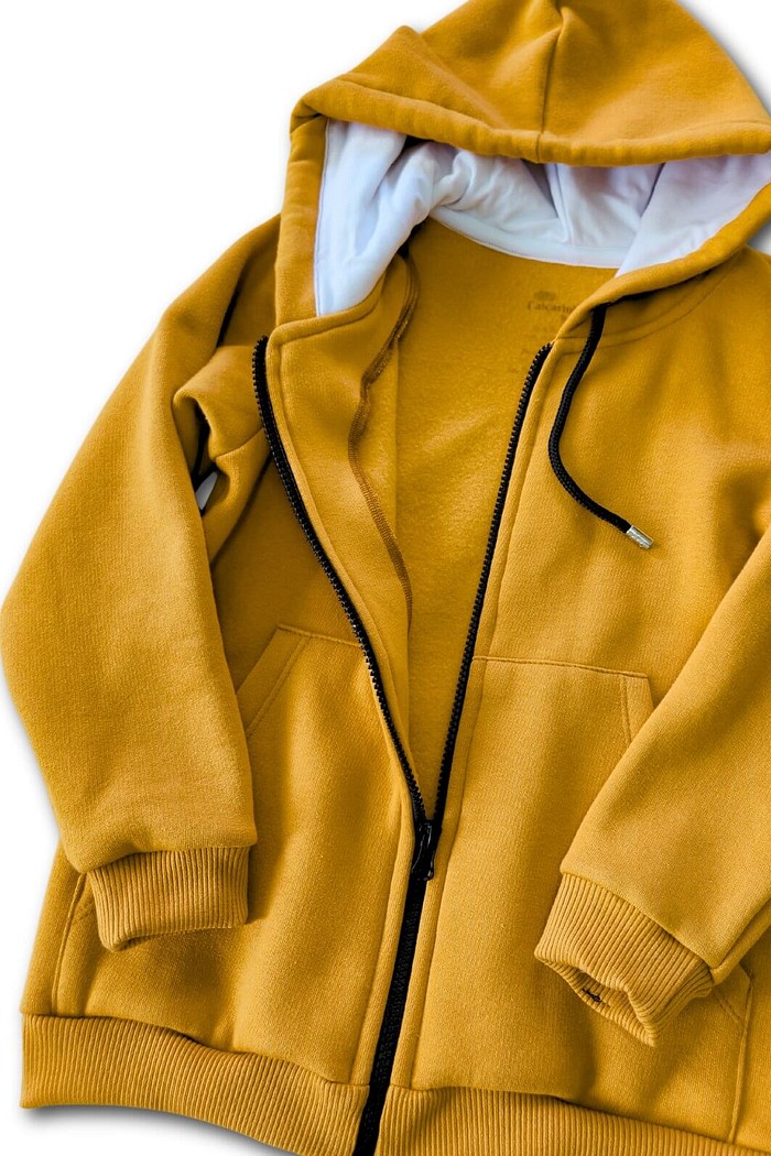 Casaco Moletom Infantil com Capuz e Zíper Mostarda Moletom Flanelado