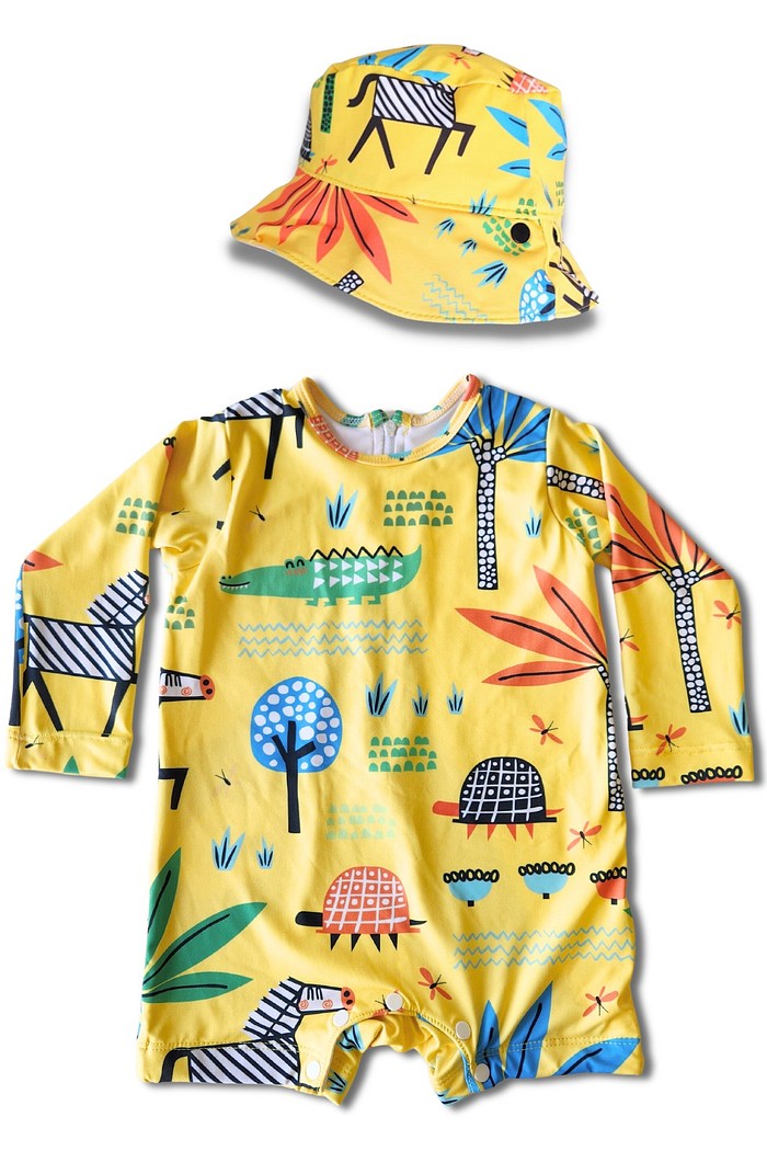 Kit Macacão Uv 50+ Amarelo Safari + chapéu dupla face