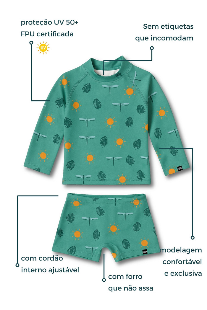 Camisa + Sunga Proteção UV50+ Confortável Verde Libélulas