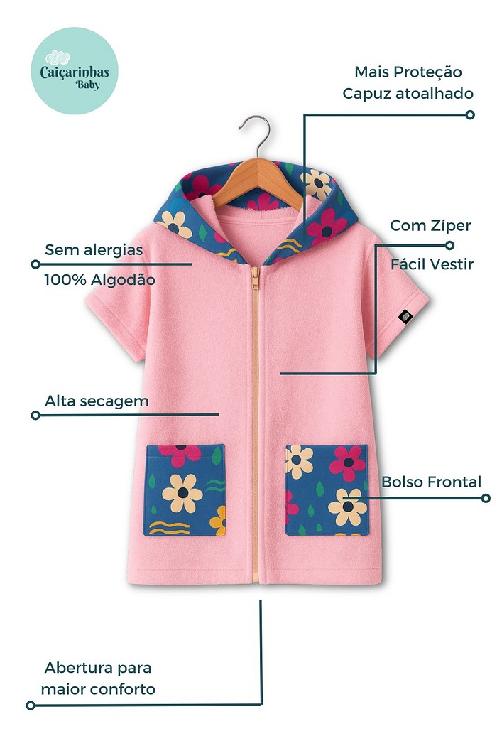 Roupão Infantil Com Capuz 100% Algodão Atoalhado Super Secagem Proteção UV50+ Rosa Dona Flor