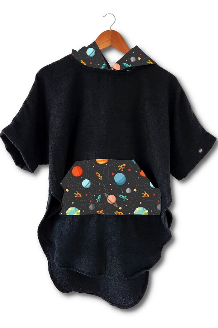 Roupão Poncho UV Preto Universo Planetas Atoalhado 100% algodão