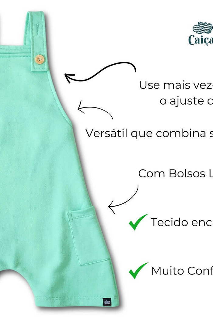 Jardineira Infantil Curta com alça ajustável Verde Água