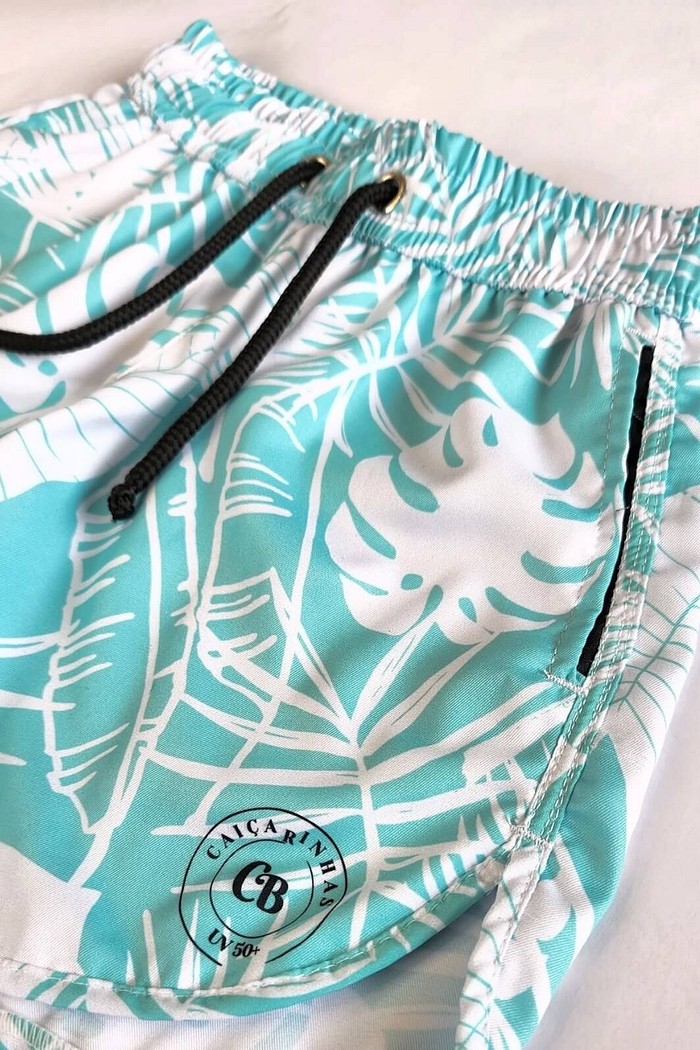 Short Infantil Tactel curto de banho com ajuste na cintura e Proteção UV 50+ Verde Claro Tropical