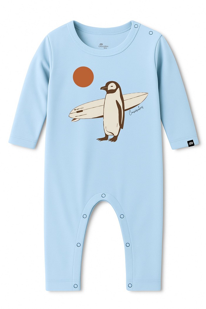 Macacão Longo Infantil Manga Longa Azul Claro Pinguim Surf