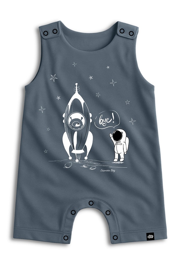 Macacão Bebê Regata Curto Algodão Sustentável Cinza Chumbo Astronauta Bye