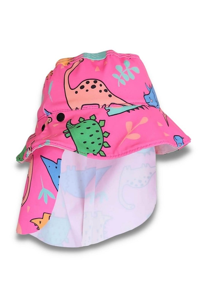 Chapéu infantil Proteção Solar UV 50+ Dupla Face Praia e Piscina Rosa Dinossauros