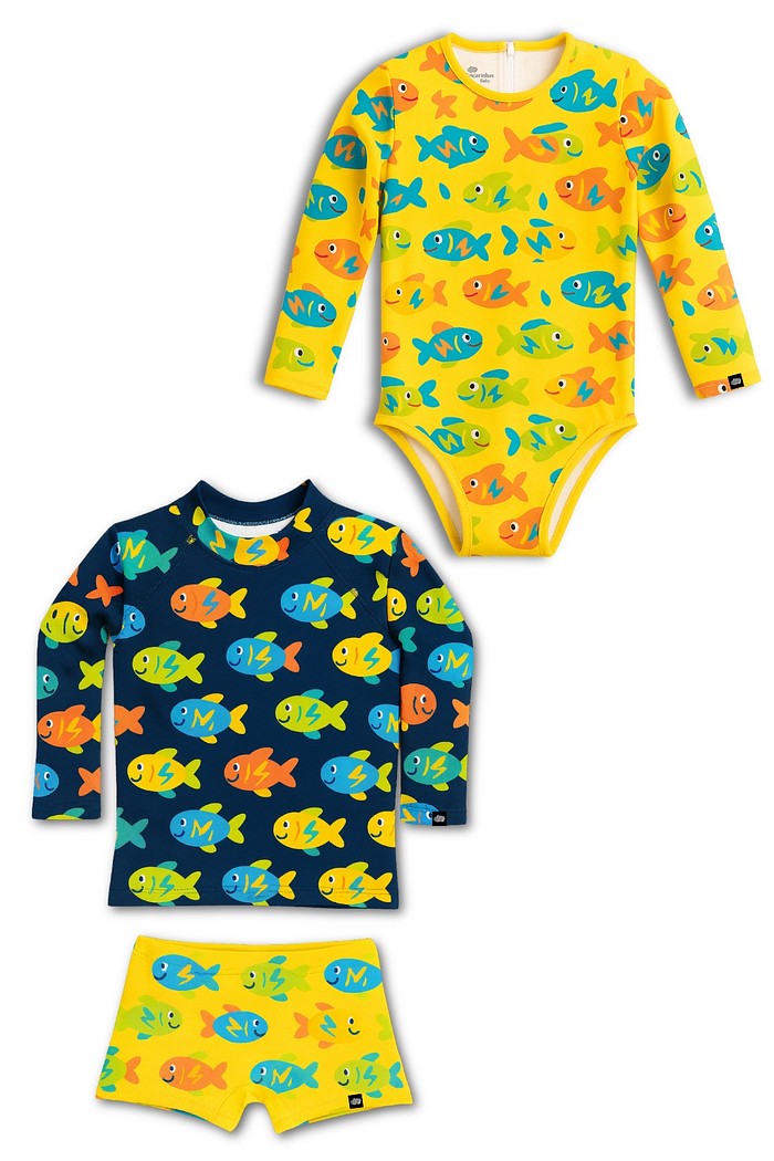 Kit Peixinhos Menino Menina Camiseta e Sunga + Maiô Proteção Solar UV50+