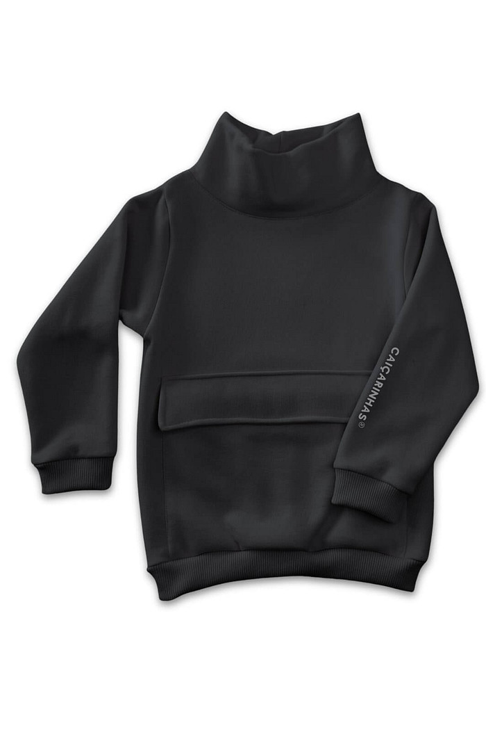 Casaco Moletom Infantil Gola Alta Preto Flanelado