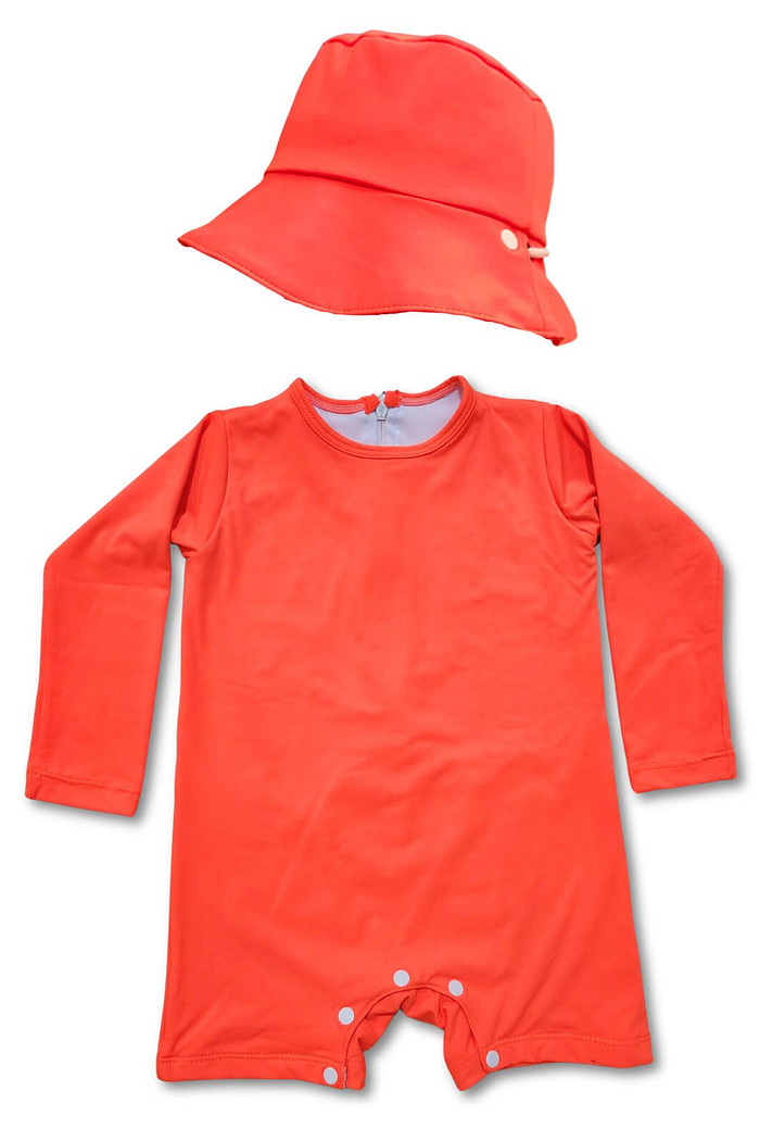 Kit Poliamida Laranja Tangerina Macacão + Chapéu UV 50+