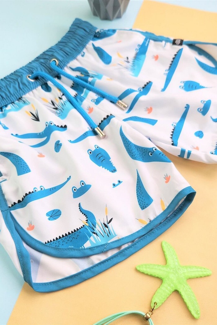 Short Infantil Tactel curto de banho com ajuste na cintura e Proteção UV 50+ Branco Jacaré