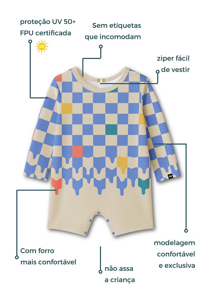 Macacão Praia Bebê Proteção Solar UV 50+ Manga Longa Off White e Azul Quadriculados