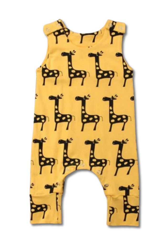 Macacão Bebê Regata Longo Amarelo Girafinhas Algodão Sustentável