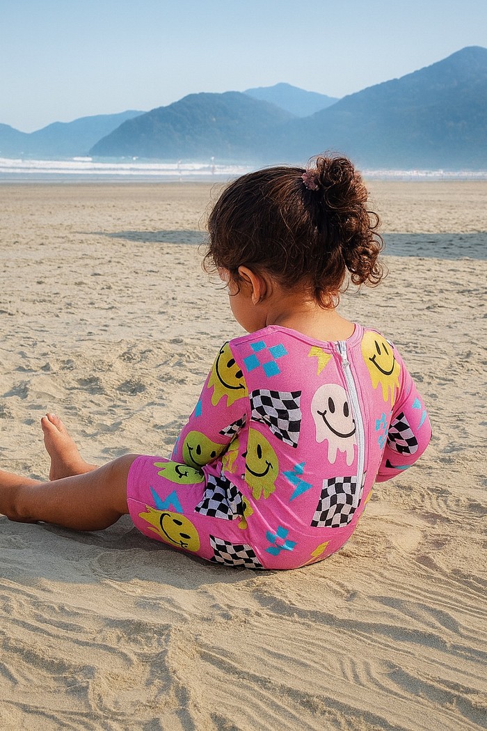 Macacão Praia Bebê Proteção Solar UV 50+ Manga Longa Rosa Smiles