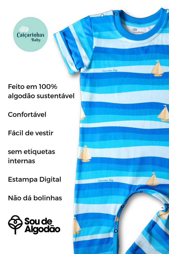 Macacão Bebê Longo Manga Curta Algodão Sustentável Toque Macio Balanço do Mar