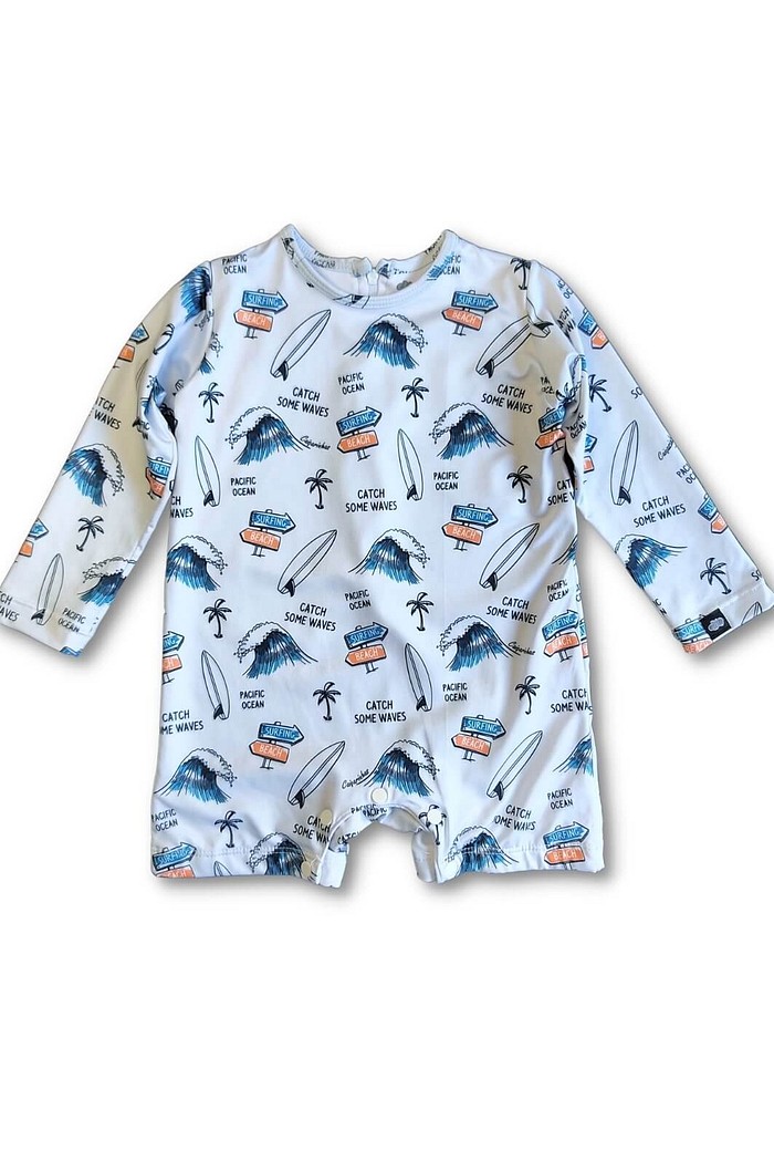 Macacão Praia Bebê Proteção Solar UV 50+ Manga Longa Cinza Catch Waves