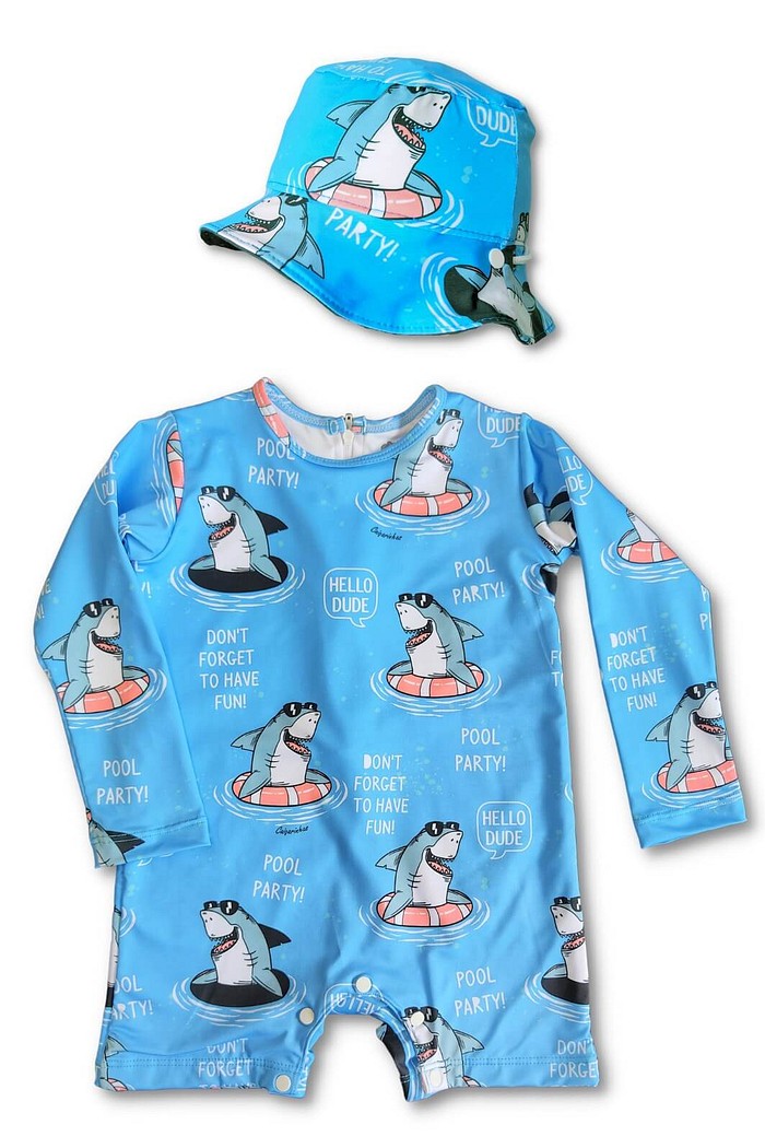 Kit Tubarão Macacão + Chapéu Dupla Face UV 50+