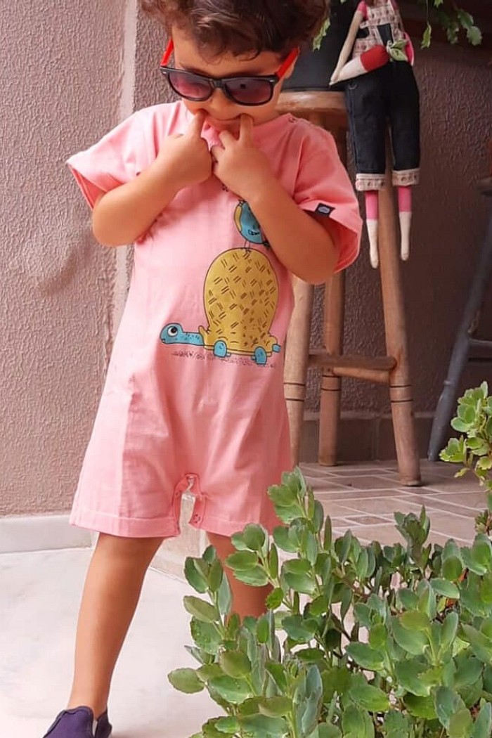 Macacão Bebê Curto Algodão Sustentável Fácil de Vestir Salmão Tartaruga e Passarinho