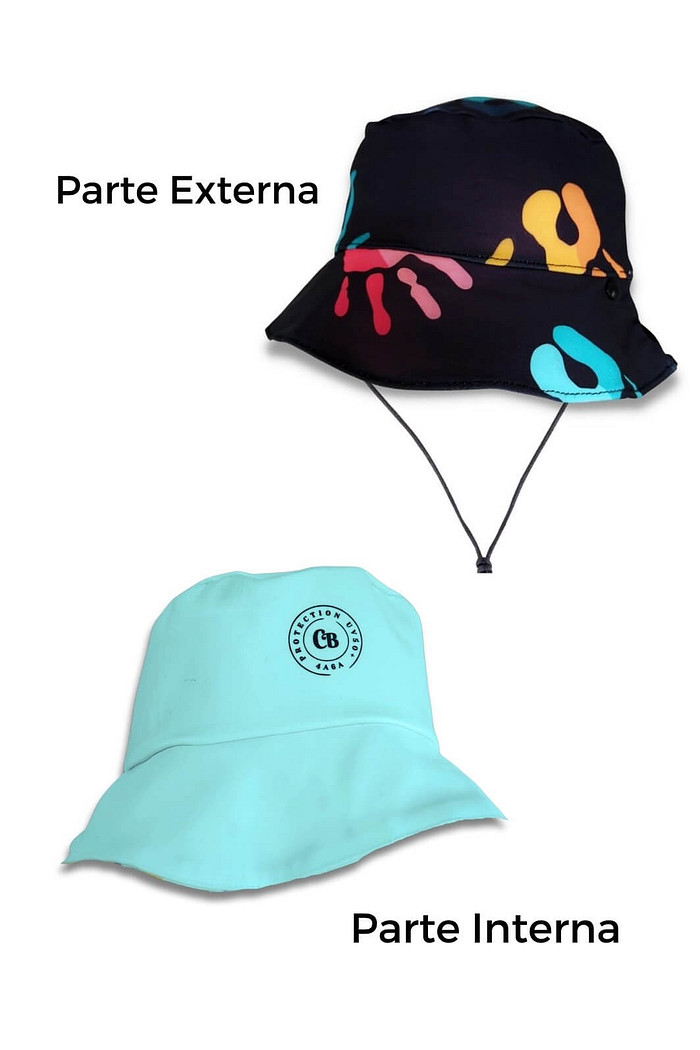 Chapéu infantil Proteção Solar UV 50+ Dupla Face Praia e Piscina Preto Mãozinhas