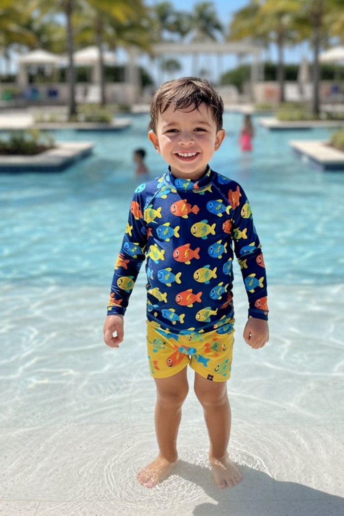 Camisa + Sunga Proteção UV50+ Confortável Azul e Amarelo Peixinhos