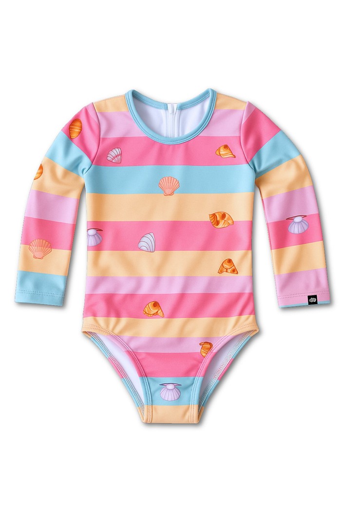 Maiô Infantil Proteção Solar UV 50+ Manga Longa e Zíper nas Costas Rosa Conchinhas