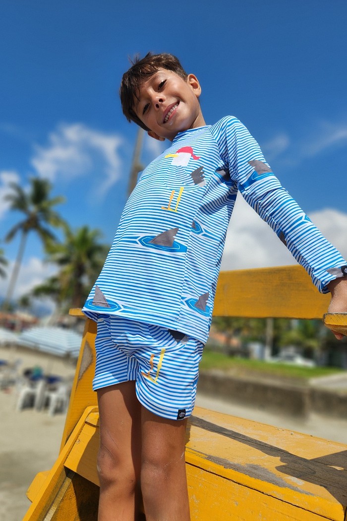 Camisa Proteção Uv 50+ Infantil + Sunga Azul Gaivota Danger