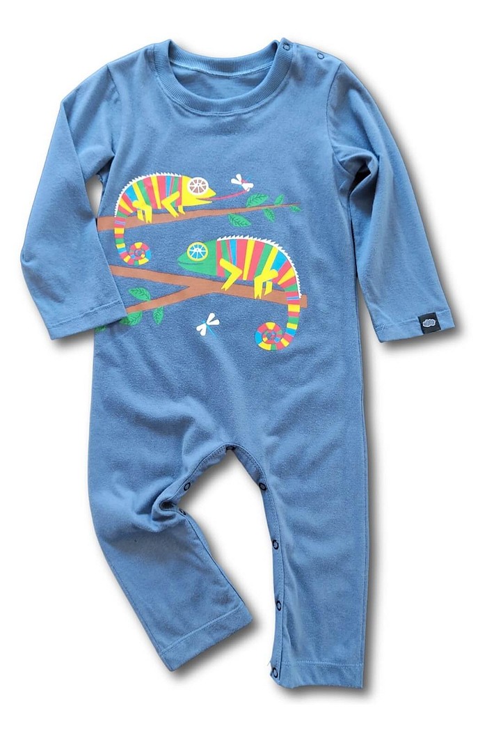 Macacão Bebê Longo Manga Longa Algodão Sustentável Confortável Azul Camaleões