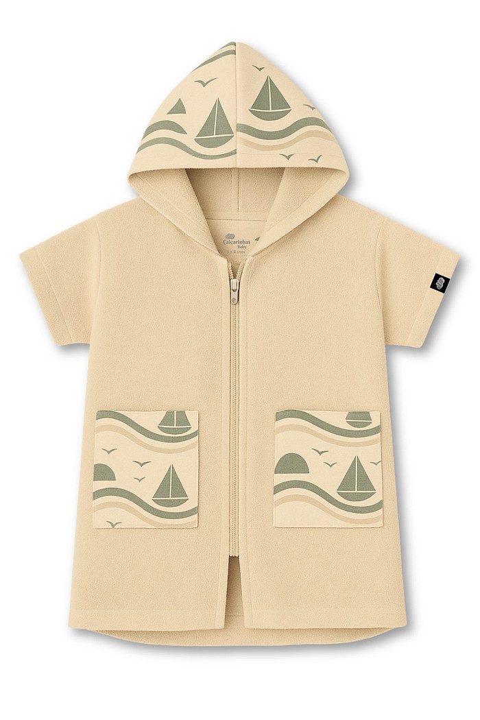 Roupão Infantil Com Capuz 100% Algodão Atoalhado Super Secagem Proteção UV50+ Areia Barquinhos