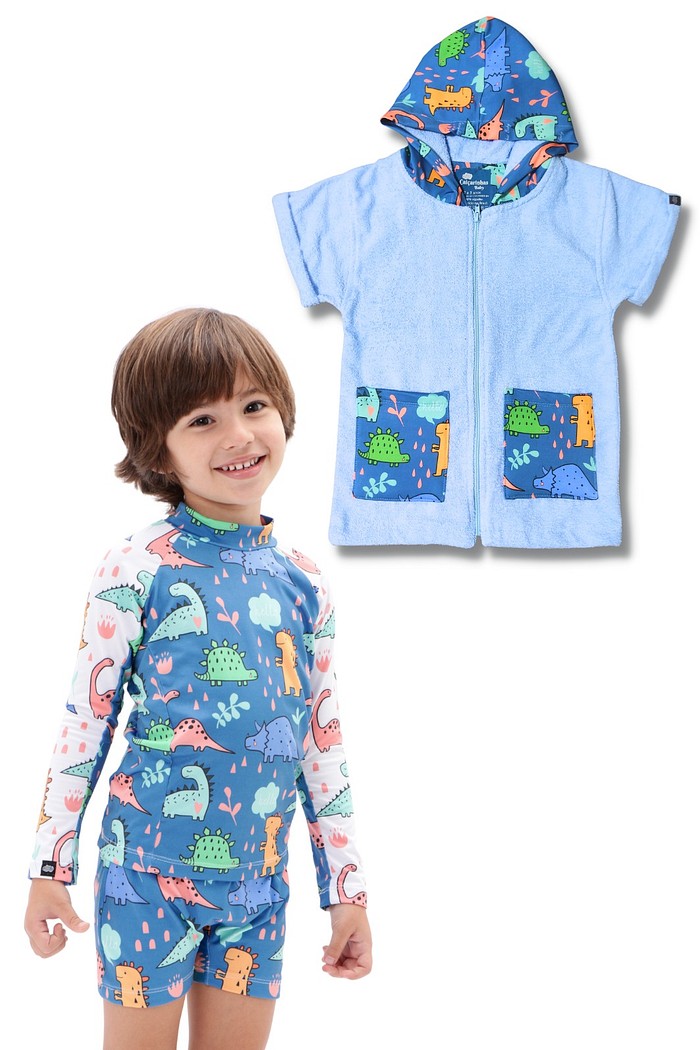 Kit Conjunto + Roupão Dinossauros Azul