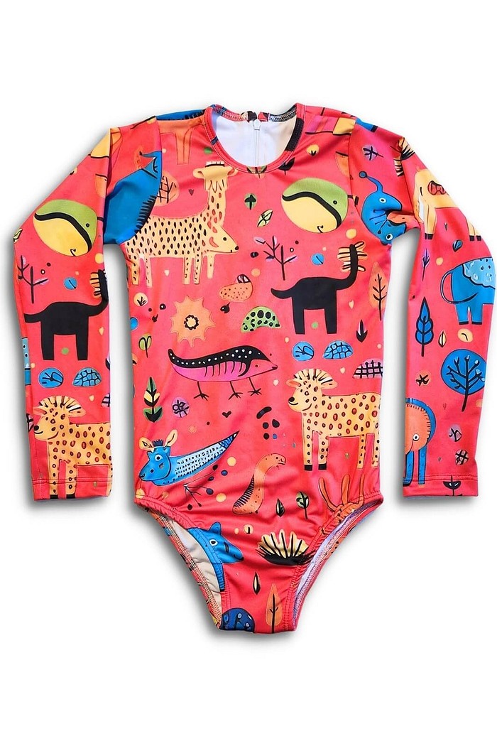 Maiô Infantil Proteção Solar UV 50+ Manga Longa e Zíper nas Costas Rosa Animais