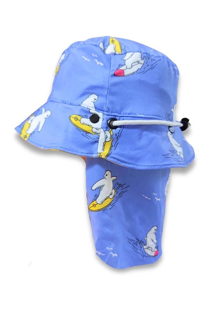 Chapéu infantil Proteção Solar UV 50+ Dupla Face Praia e Piscina Roxo Urso Surf