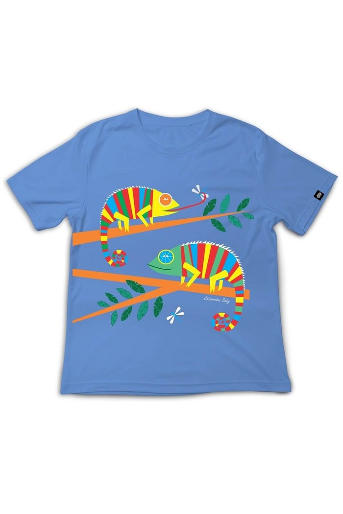 Camiseta Infantil Manga Curta Algodão Sustentável Exclusiva Azul Camaleão