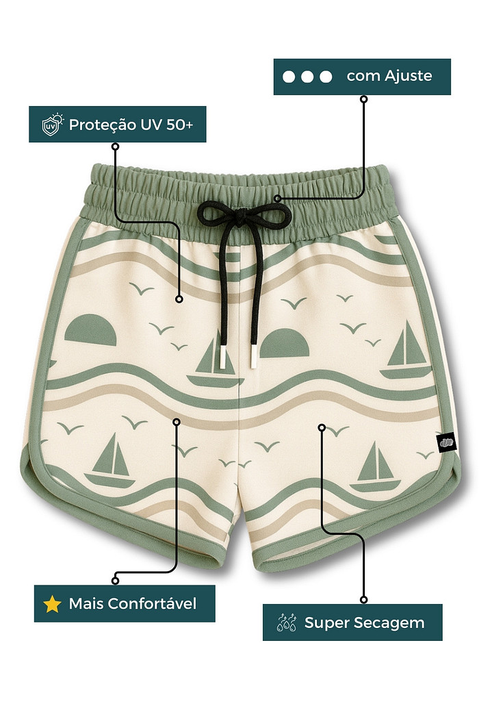 Short Infantil Boleado Tactel com ajuste na cintura UV 50+ Off White Barquinhos