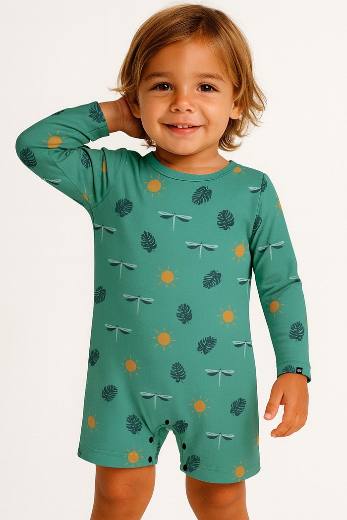 Macacão Praia Bebê Proteção Solar UV 50+ Manga Longa Verde Libélulas