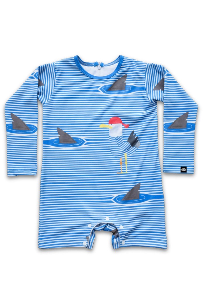 Macacão Praia Bebê Proteção Solar UV 50+ Manga Longa Azul Gaivota Danger