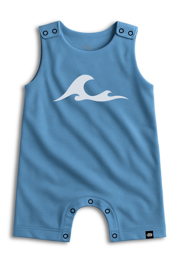 Macacão Curto Manga Regata Azul Onda Algodão Macio Sustentável