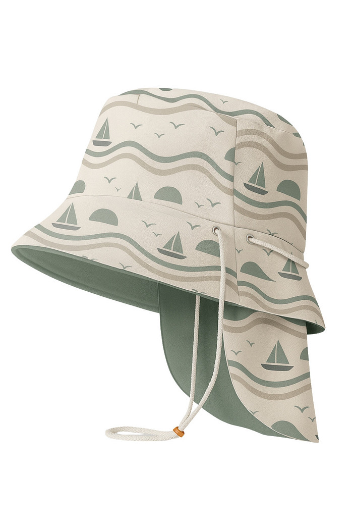 Chapéu infantil Proteção Solar UV 50+ Dupla Face Ajustável Off White Barquinhos